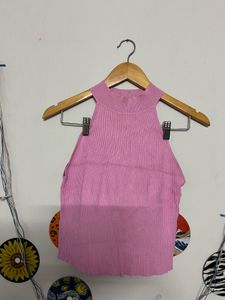 Pink Ribbed Knit Halter Top