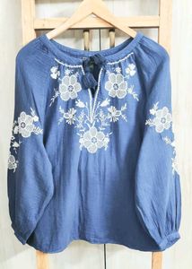 Blue Embroidered Peasant Top size-44