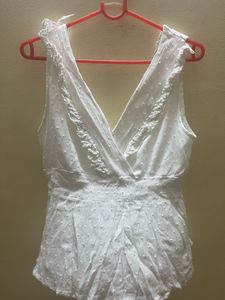 White Swiss Dot Ruffle Top