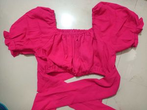 Hot Pink Puff Sleeve lace square neck Crop Top