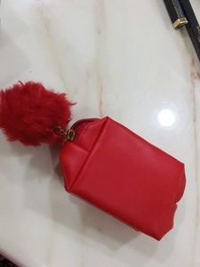 Red Cosmetic Bag with Pom-Pom