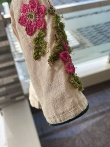 Cream Raw Silk Blouse with Floral Embroidery