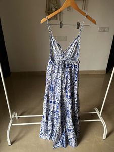 Blue-White Pattern Strappy Maxi Dress