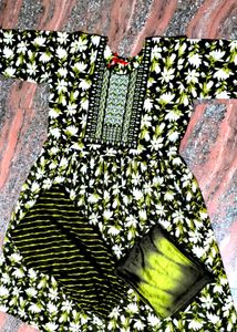 Anarkali Green Colour Flower Print Full Set.