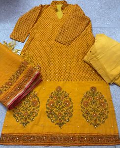 Elegant Mustard Yellow Cotton Suit Set with Dupatt