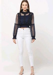 Net Lace Navy Blue Crop Top