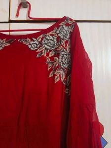 Red embroidered party wear Jumpsuit