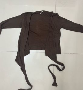 Brown V Neck Wrap Tie Crop Top
