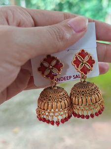 Elegant Gold &amp; Red Jhumka Earrings