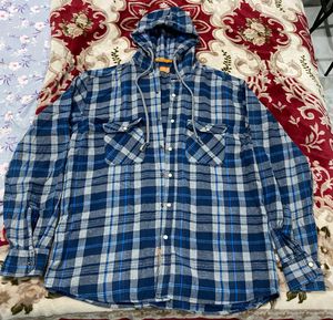 Hooded Blue Plaid Flannel Shirt