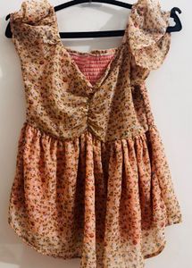 Peach Floral Smocked Ruffle Sleeve Babydoll Top