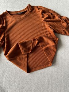Rust Ribbed Puff Sleeve Top -S