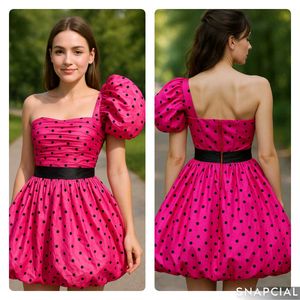 Pink Polka Dot One-Shoulder Dress