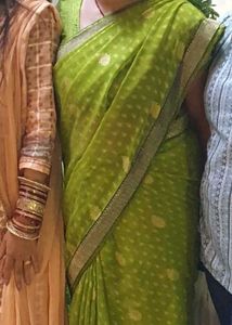 Pink &amp; White Striped And Green Saree