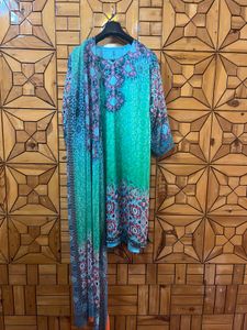 Turquoise Patterned Salwar Kameez With Dupatta