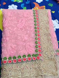 Pink Embroidered Net Saree