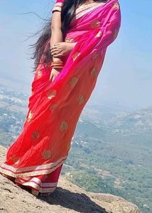 Orange, Pink Dual Tone Chiffon Saree With Blouse
