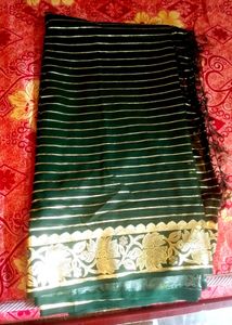 Elegant Green Striped Saree ,no blouse piece