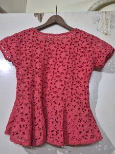 Pink Eyelet Peplum Top