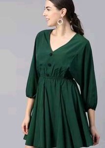 Green V-neck Pleated Fit &amp; Flare Dress