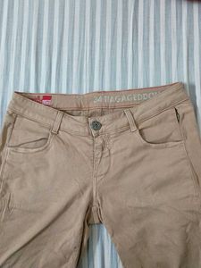 (30 Waist) Beige Denim/Cotton Blend With Side Slit