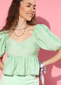 SASSFARAS green checked sweetheart neck peplum top