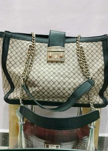 Patterned Shoulder Bag with Chain Detail
