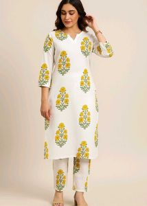 White and Yellow Cotton Kurta Pajama with Dupatta