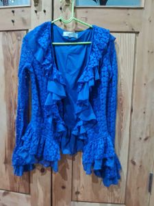 Ruffle Detailed Blue Lace Cardigan