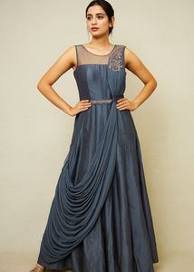 Stunning Metallic Blue-Grey Evening Gown + Drape