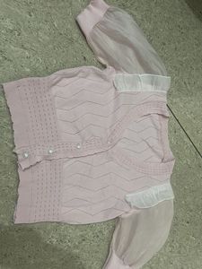 Pink Sheer Sleeve Cardigan Set
