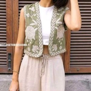 Zara Embroidered Olive Green Waistcoat
