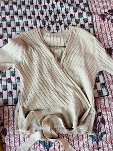 Beige Ribbed Wrap Knit Sweater