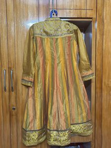 Musturd yellow closed collar anarkali pure silk