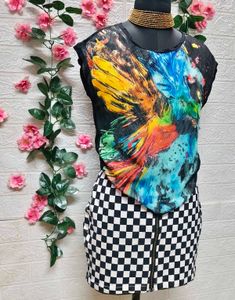 Colorful Graphic Print Top &amp; Skirt For S To M size