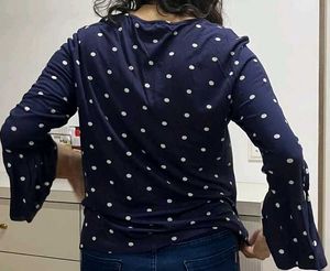 Chic Navy Blue Polka Dot Top with Bell Sleeves