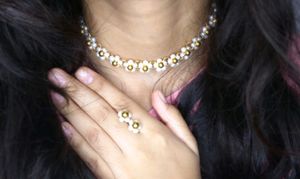 Korean Inspired Floral Pearl Choker & Earrings Set