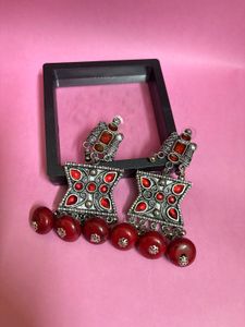 Red Beaded Dangle Earrings