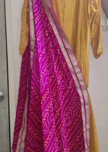 Yellow & Pink Kurta Set With Bandhani Duppata