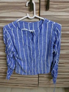 Blue Striped Cinched Sleeve Top