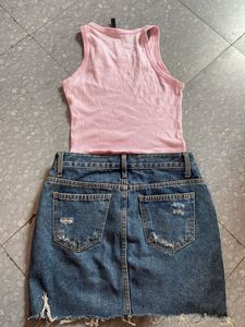 Pink Tank &amp; Denim Mini Skirt