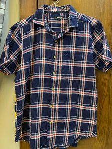 Check Collared Dark Blue T Shirt