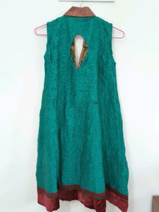 Collar neck Turquoise Kurta With Red Velvet Border