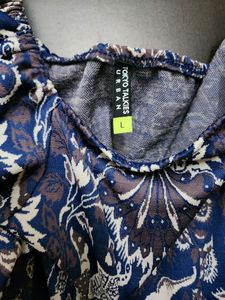 Navy Blue Belted Puff Sleeve Jacquard Dress