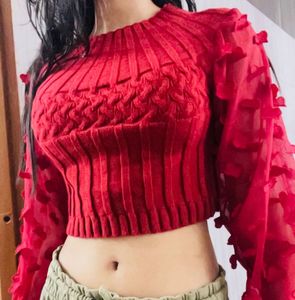 Red Knit &amp; Chiffon Top