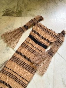 Nude Polka Dot &amp; Striped Mesh Dress