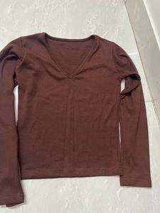 Brown Ribbed V Neck Top