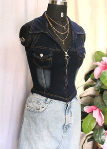 Denim Zipped Fitted Top
