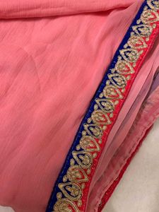 Pink Coral Saree with Royal Blue &amp; Gold Border