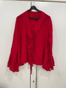 ❤️‍🔥Chic Red Ruffle Blouse with Flared Sleeve